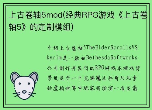 上古卷轴5mod(经典RPG游戏《上古卷轴5》的定制模组)